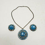 Turquoise Beads Medallion Pendant Silver Filigree Statement Necklace Earrings