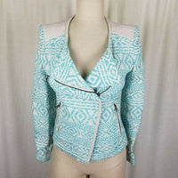 Trafaluc Zara Aztec Side Zip Up Raw Fringe Padded Shoulders Jacket Womens S Blue