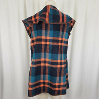 Vegan Wool Wide Collar Tartan Plaid Open Front Swing Vest Womens M Stretch Blue