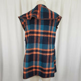 Vegan Wool Wide Collar Tartan Plaid Open Front Swing Vest Womens M Stretch Blue