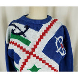 Vintage Gina Peters Loud Nautical Stars Knit Pullover Sweater Womens M Blue 90s