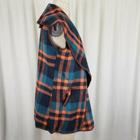 Vegan Wool Wide Collar Tartan Plaid Open Front Swing Vest Womens M Stretch Blue