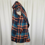 Vegan Wool Wide Collar Tartan Plaid Open Front Swing Vest Womens M Stretch Blue