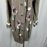 Storybook Knits Blooming Plaid Long Knit Sweater Cardigan Coat Jacket Womens M