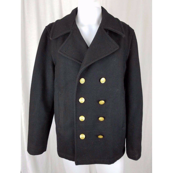 Spiewak Wool Double Breasted Peacoat Coat Mens M Maine Crest Gold Buttons Black