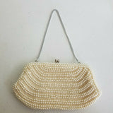 Vintage Beaded Pearl Purse Japan Ivory Handbag Metal Chain Wedding Formal Prom