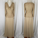 Lawrence Kazar Beaded Dress Drape Neck Long Maxi Womens 6 Formal Gown Gold Tan
