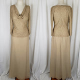 Lawrence Kazar Beaded Dress Drape Neck Long Maxi Womens 6 Formal Gown Gold Tan