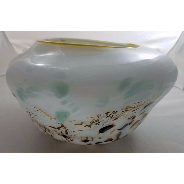 HAND BLOWN GLASS ART Decorative BOWL MURANO STYLE Weighted Blues Browns White