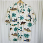 Vintage Weekender Hawaiian Camp Shirt Woody Wagons Cars Club Palm Trees Men 2X