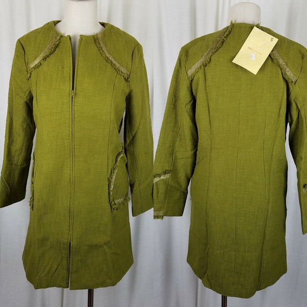 Paula Hian Luxe Raw Edge Metallic Trim Woven Long Blazer Jacket Coat Womens XS