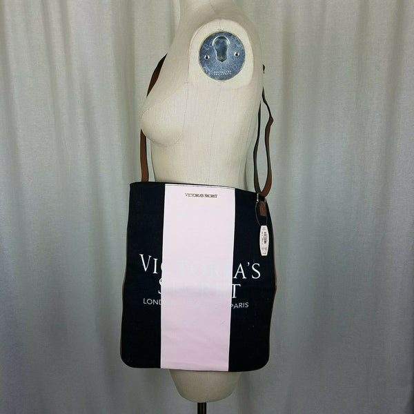 Victoria's Secret Black Pink Racing Stripe Bag Open Top Crossbody Weekender Tote