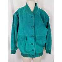 Pelle NY Bright Green LEATHER Full Button Up Bomber JACKET Womens M Knit Trim