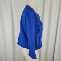 Ellen Tracy Denim Bright Blue Jean Jacket Womens L Collarless Zippered Zip Up