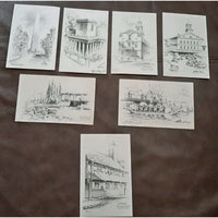 1946 Jas F Murray Pencil Drawings Postcards Boston Landmarks Signed Unused set 7