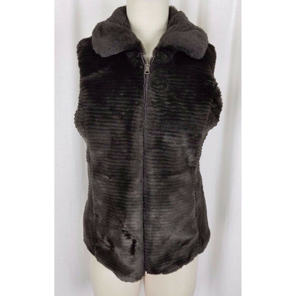 Liz Claiborne Reversible Ribbed Faux Fur Full Zip Up Brown Vest Womens S Plush