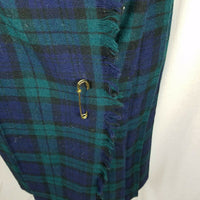 Nine to Five Wool Tartan Plaid Pleated Pinned Wrap Kilt Skirt Womens 7 Vintage