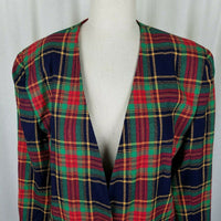 Chaus Tartan Scotch Plaid Wool Collarless Blazer Jacket Womens L XL Vintage 80s