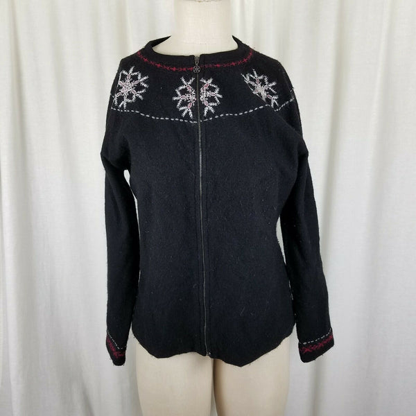 Woolrich Wool Embroidered Floral Full Zip Up Cardigan Sweater Jacket Womens M
