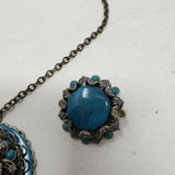 Turquoise Beads Medallion Pendant Silver Filigree Statement Necklace Earrings