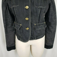 DKNY Jeans Stretch Faded Black Cropped Denim Jean Jacket Womens M Velvet Collar