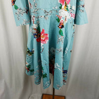 Artter Floral Turquoise Twirl Swing Dress Womens 3XL Retro MuMu Built in Tie