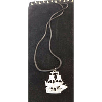 Tall Ship Pirate Pewter Silver Black Silk Cord Rope Necklace Large Pendant Charm