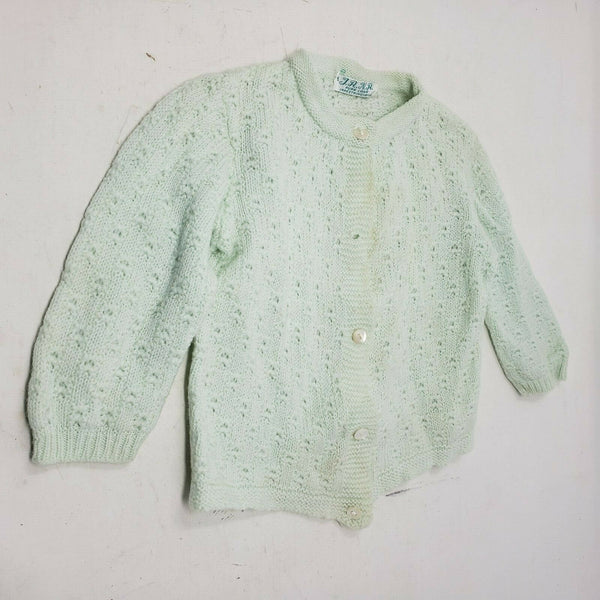 Vintage Jana Pura Lana Green Crochet Knit Cardigan Sweater Baby Girls Boys 3M 1