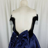 Vintage Navy Blue Velvet Chiffon Jeweled Prom Pageant Dress Junior 2XL Womens XS