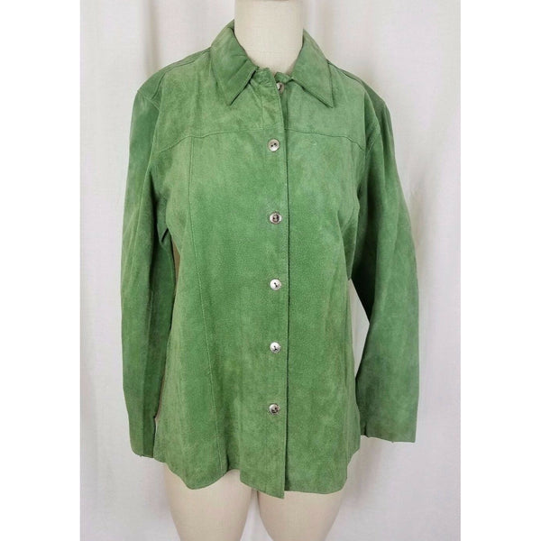 JM Collection Green LEATHER Suede Full Button Up SHIRT JACKET Womens M Celery
