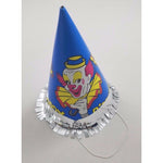 Vintage Circus Clown Happy Birthday Party Paper Cone Hat Blue Bozo Silver Fringe