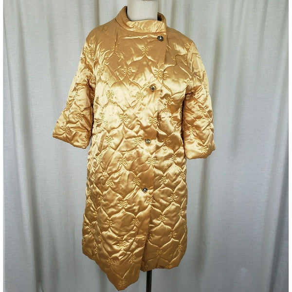 Vintage Quilted Off Center Button Up Quilted Asian Satin Midi Robe Coat Womens S