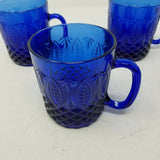 AVON Royal Sapphire Handled Mugs Cup Set of 4 France Glasses Cobalt Blue Cut Fan