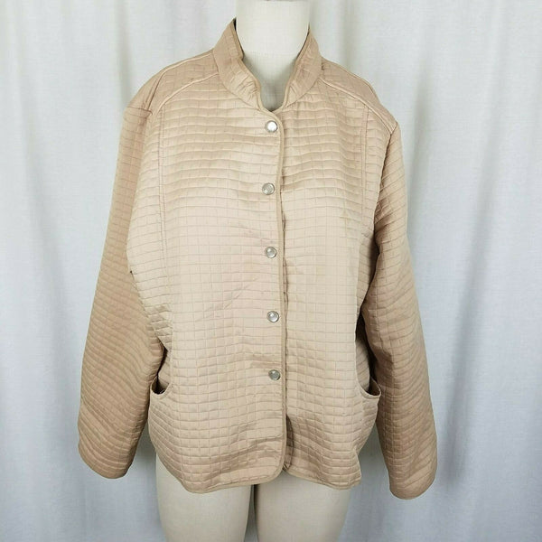 Robert Louis Nylon Quilted Snap Up Jacket Blazer Womens L Tan Mandarin Collar