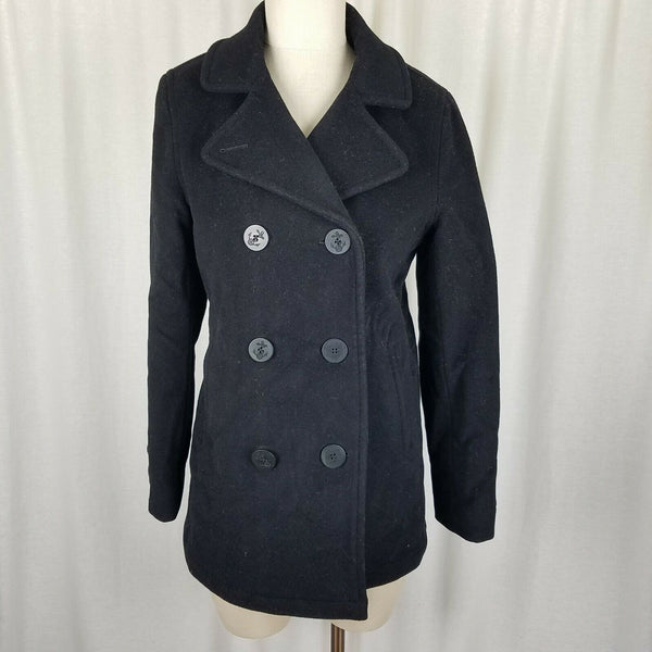 LL Bean Black Wool Insulated Double Breasted Peacoat Jacket Short Coat Womens 10