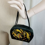 Vintage Embroidered Chinese Dragon Black Silk Handbag Purse Mirror Chinese Japan