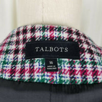 Talbots Houndstooth Plaid Wool Collarless Blazer Jacket Womens 16 Flap Pockets