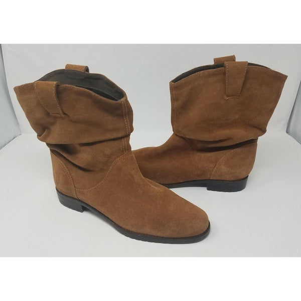 LL Bean Women's 9.5 M Slouch Ankle Boots Nubuck Cognac Suede Brushed Leather Tan