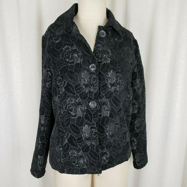 Gloria Vanderbilt Floral Embroidered Tapestry Button Up Black Jacket Womens S