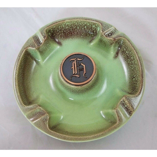 Vintage The Hyde Park No.1900 Green Ceramic Weighted Ashtray Initial H Beige Tan