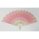 VINTAGE CHINESE Pink Fabric FAN White Plastic RIBS Gold Trim Asian China