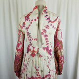 Vintage Mardi Gras New York Chiffon Metallic Maxi Floral Keyhole Dress Womens XS