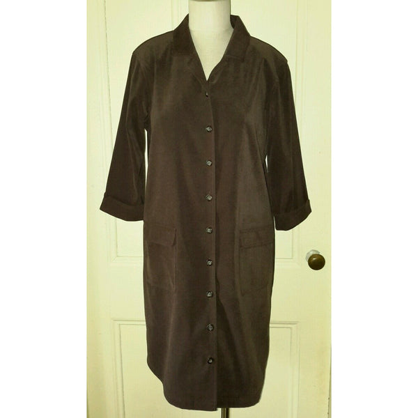 Talbots Petites Stretch Button Up Shirt Coat Dress Womens 14P Chocolate Brown