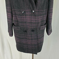 Paul Levy Purple Plaid Mohair Wool Midi Peacoat Womens M  L Vintage 80s Black