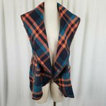 Vegan Wool Wide Collar Tartan Plaid Open Front Swing Vest Womens M Stretch Blue