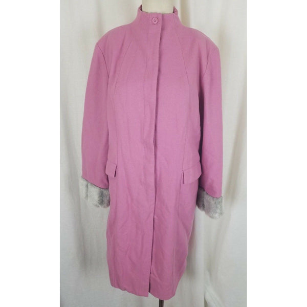 Terry Lewis Classic Luxuries Pink Wool Gray Faux Fur Trim Coat Peacoat Womens M