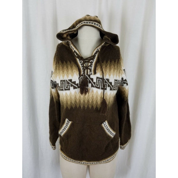 American South Side Alpaca Wool Knit Brown Hooded Sweater Womens M Tribal Aztec