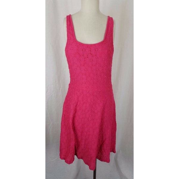 Bobeau Floral Lace Fit & Flare Summer Sun Tank Dress Womens L Stretch Hot Pink