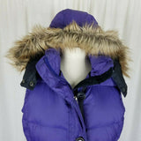 LL Bean Hooded Fur Trim Goose Down Nylon Quilted Puffer Vest Womens S Purple