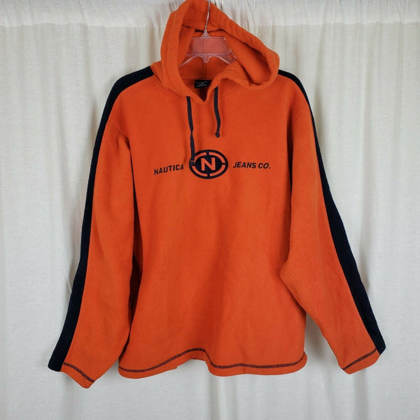 Nautica Jeans Co. Striped Fleece Pullover Hoodie Sweatshirt Jacket Mens L Orange